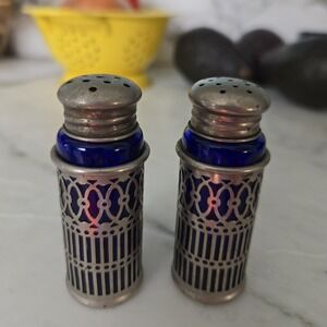 Vintage Salt & Pepper Art Deco Cobalt Blue Glass With A  Silver Lattice Design